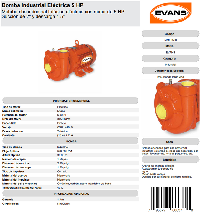 Bomba Centrifuga 5 HP 220/440V 3F 2" X 1.5" 5IME0500