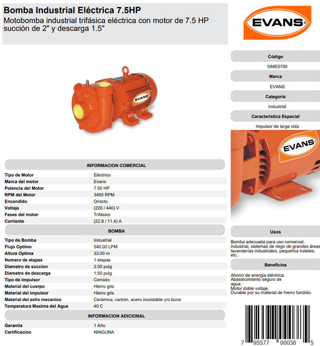 Bomba Centrifuga 7.5 HP 220/440V 1F 2" X 1.5" 5IME0750