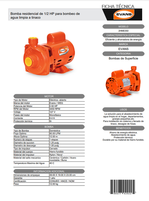 Bomba Centrífuga de .5 HP 120V 1F 2HME050 EVANS