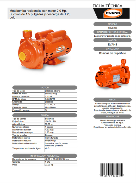 Bomba Centrífuga 2 HP 110/220V 1F 4HME200