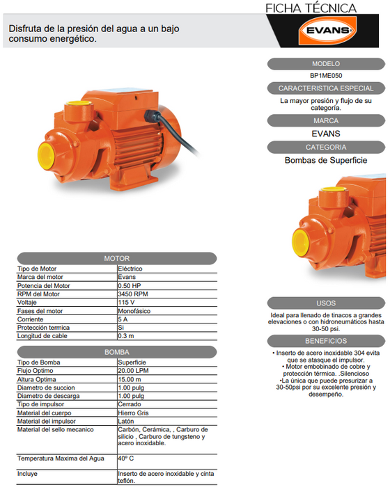 Bomba Periférica de 1/2 HP 115V