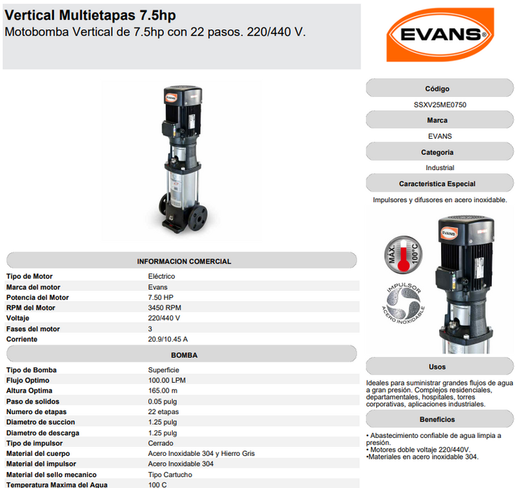 Bomba Multietapas Vertical 7.5 HP 220/440V SSXV25ME0750 EVANS