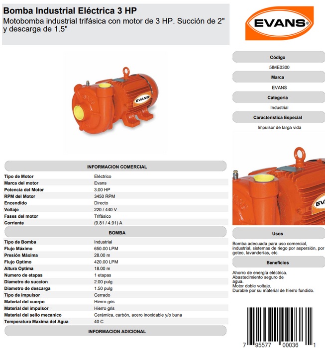 Bomba Centrifuga 3 HP 220/440V 3F 2" X 1.5" 5IME0300