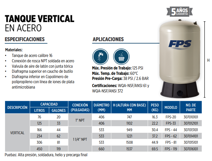 Tanque hidroneumatico 44 galones  modelo FPS44