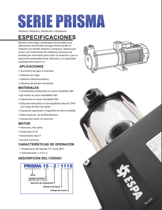 Bomba Multietapas ESPA 1 HP 1F 115V PRISMA25-2/1115