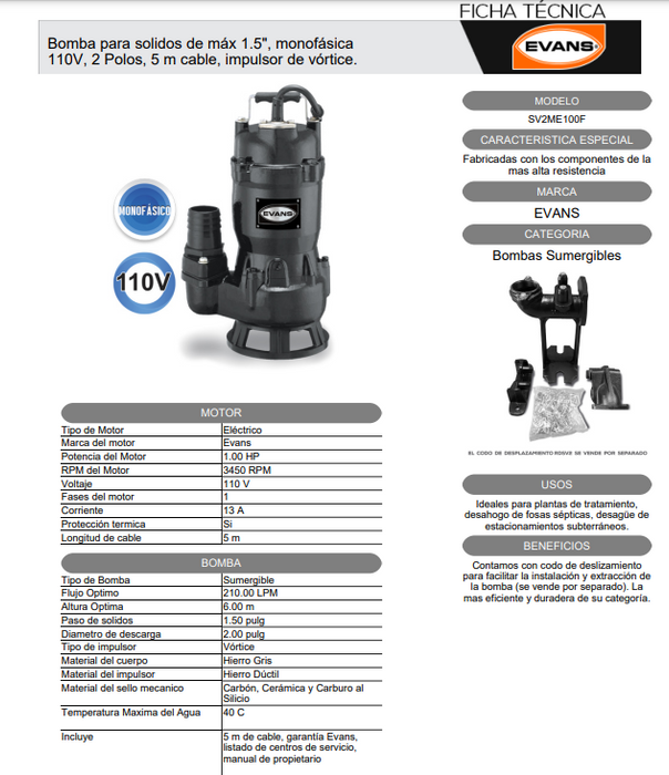 Bomba Sumergible para Lodos 1HP 110V 1F